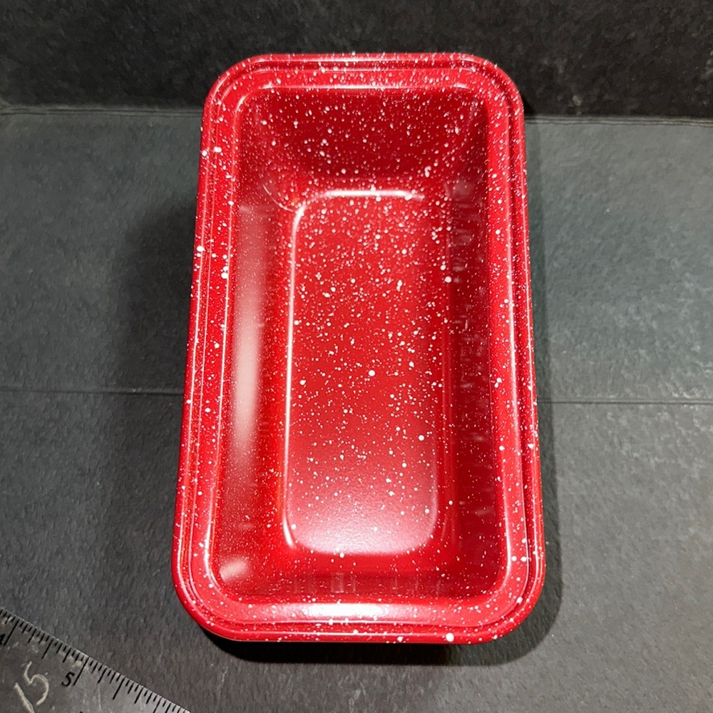 Six mini red enamel loaf pans